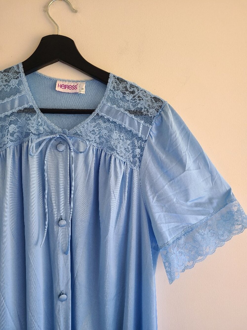 Vintage Heiress Lace Blue Nightgown M Nylon USA Housecoat Robe Below Knee